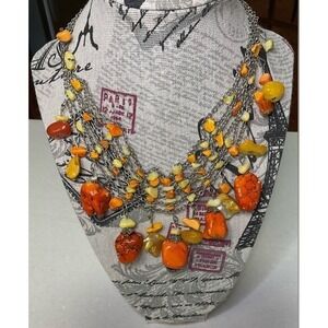 Multi Strand Statement Necklace Silver Tone Orange Yellow Faux Stone Chunky Bib